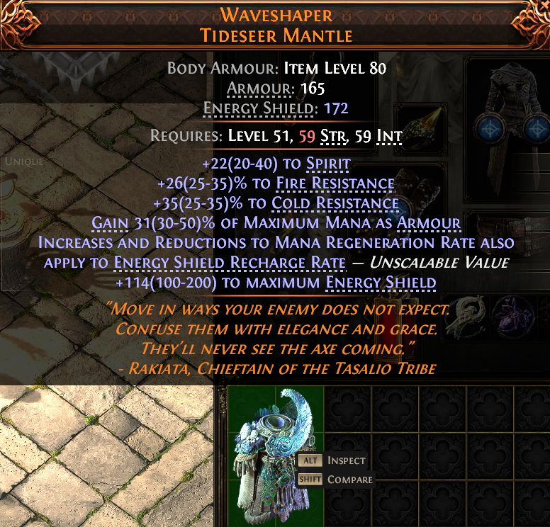 MMOJUGG Path of Exile 2 WAVESHAPER TIDESeER MANTLE#937668 Details View of Item Function and Use